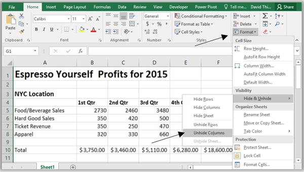 Unhide all columns or rows in Excel