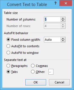 Convert Text To Table dialog box