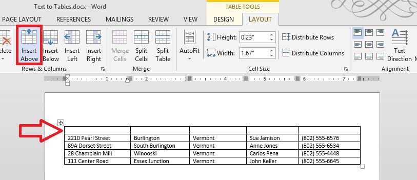 Insert row above Table Tools Layout