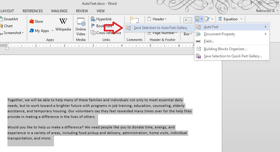Save Selection to AutoText Gallery