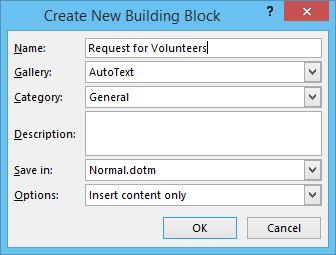 Building Block dialog box