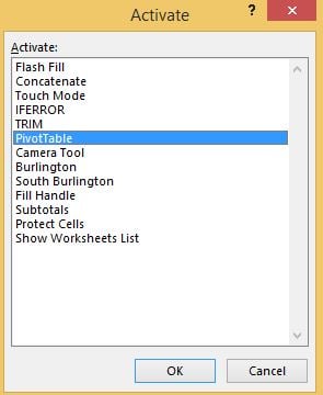 Vertical sheet list Activate dialog box