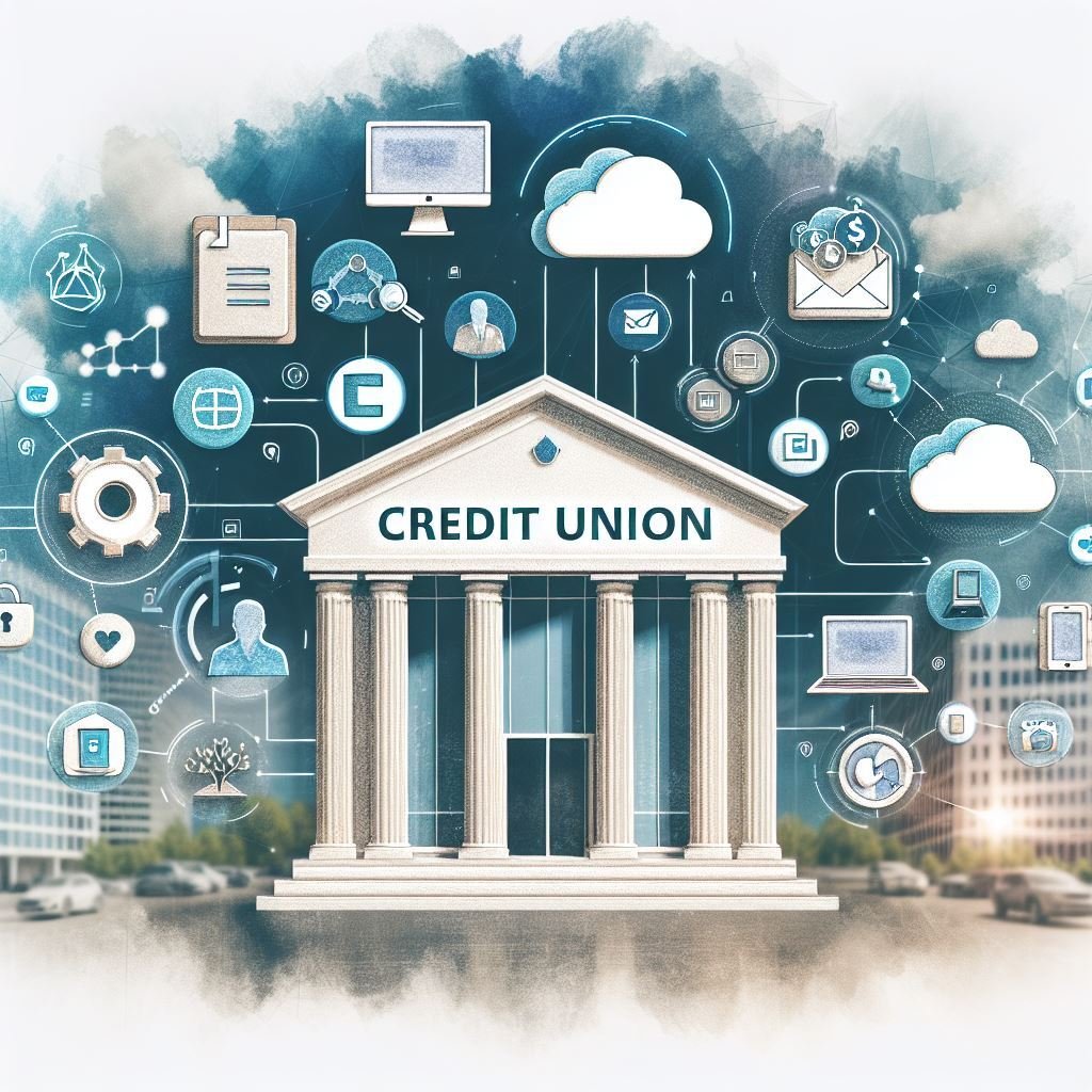 A modern, professional illustration representing a credit unions digital transformation. The image