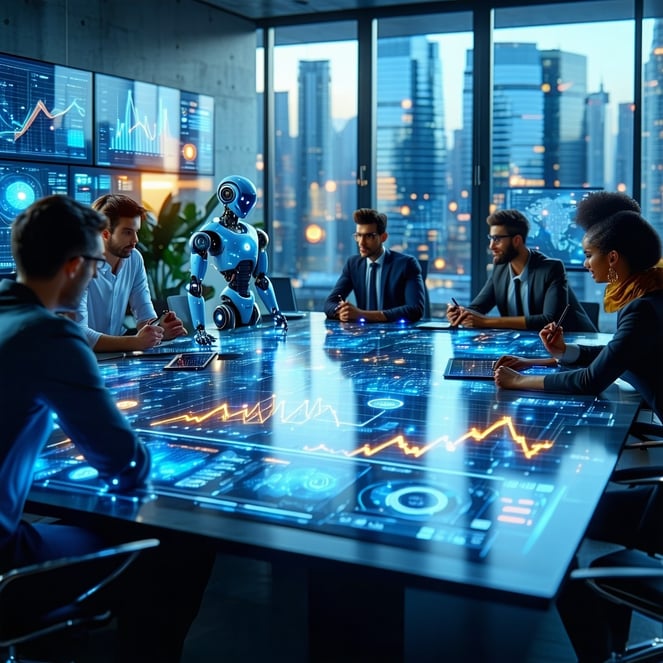 The image depicts a sleek modern office environment filled with advanced technology In the foreground a diverse group of professionals is engaged in a collaborative discussion around a large hightech touchscreen table displaying dynamic graphs and da