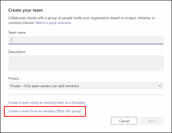 Create a Teams from an existing Office 365 Group