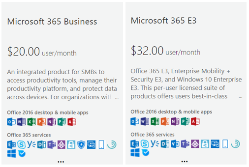 Screenshot of Business vs E3 licensing