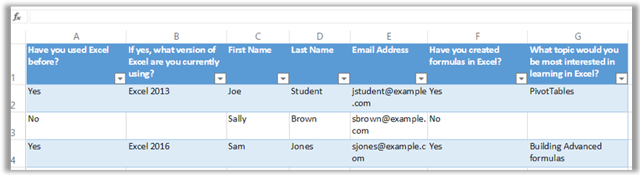 Excel survey responses populated in spreadsheet