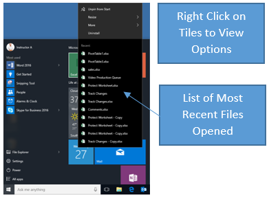 List of recent files shown on the start menu