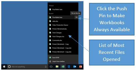List of recent files shown on the Windows taskbar