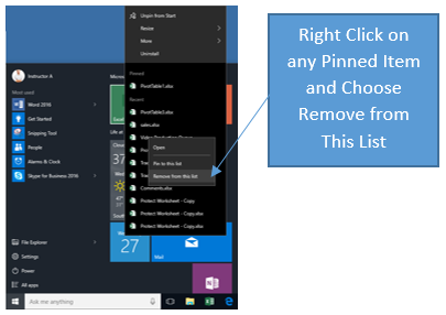 Right click any pinned item to unpin or remove