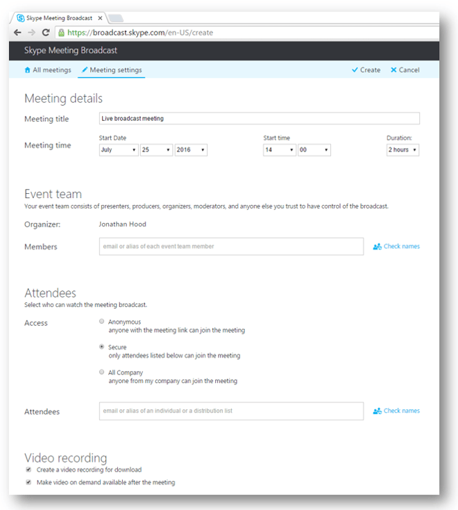 Skype Meeting Broadcast Details