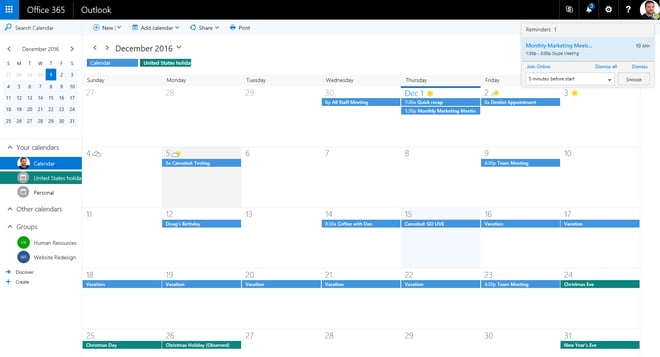 screen shot of browser-based Office 365 calendar via Outlook Online