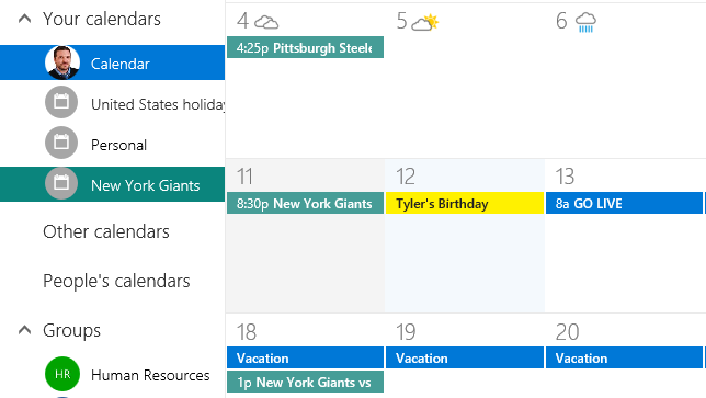 screen shot of calendar with New York Giants games