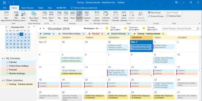 Screen shot of Outlook calendar in desktop application