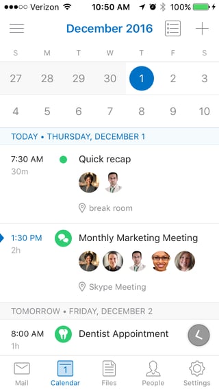 screen shot of Outlook calendar on an iPhone