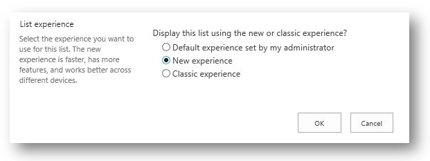 SharePoint list experience settings