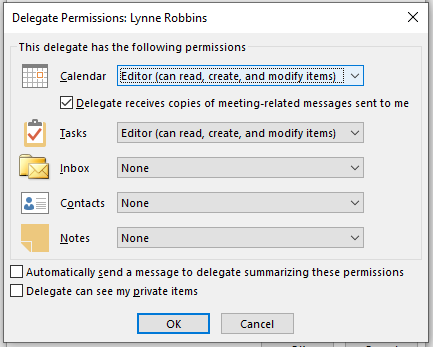 How to Delegate Your Outlook Email and Calendar - Delegate Permissions Window