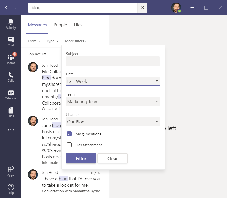 Filtering Search in Microsoft Teams