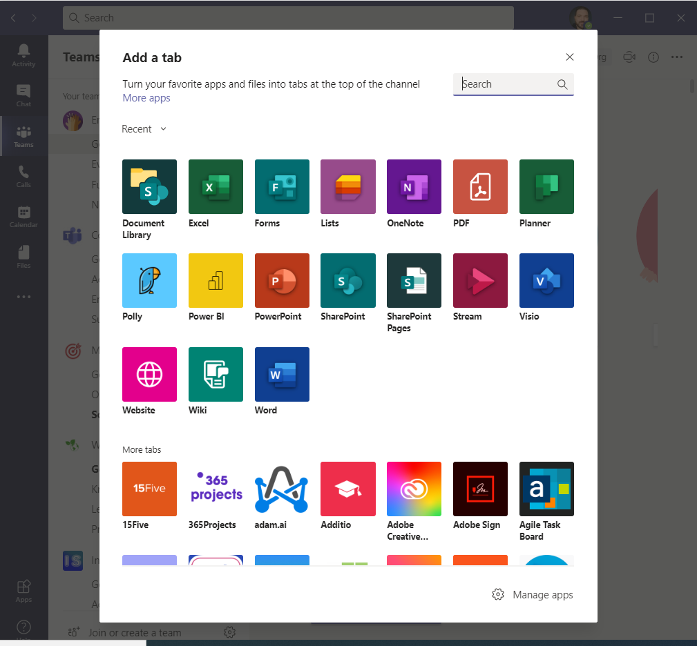 Adding a new Tab in Microsoft Teams