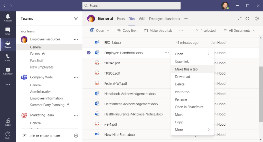 Using the More Actions feature in Microsoft Teams