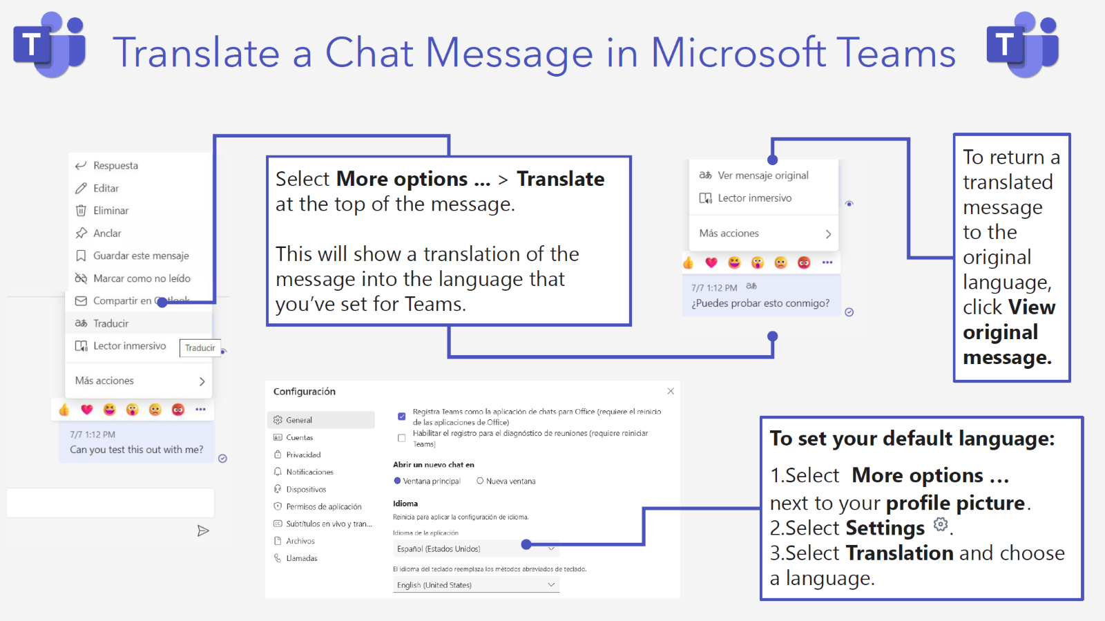 Translating a Chat Message from English to Spanish in Microsoft Teams
